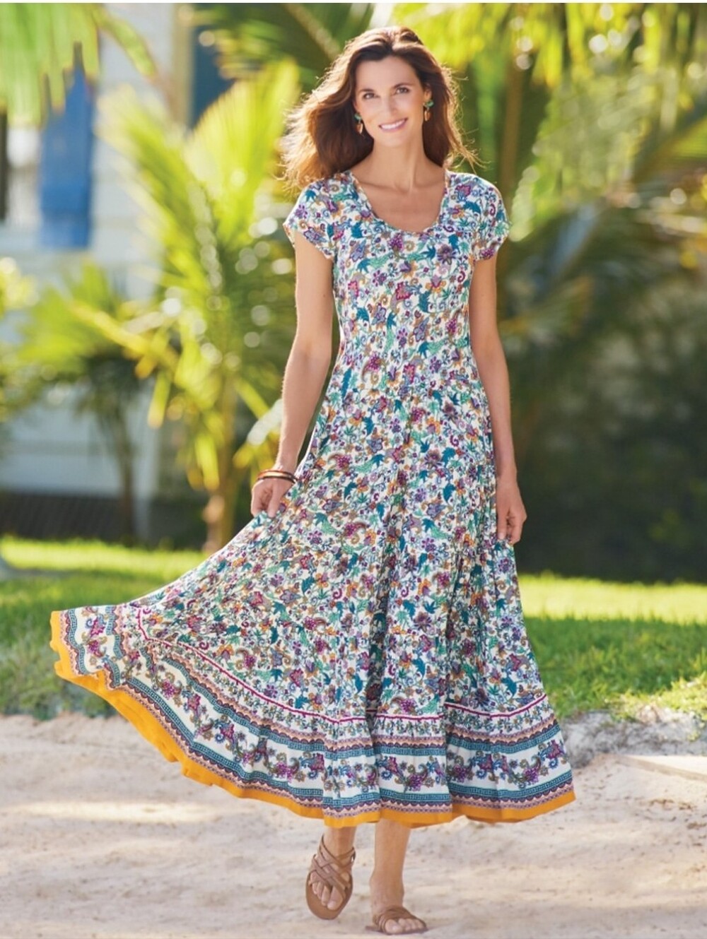 Soft Surroundings Kara Maxi Dress Floral Border Print Medium